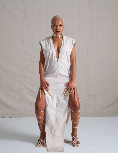 bald woman on heels