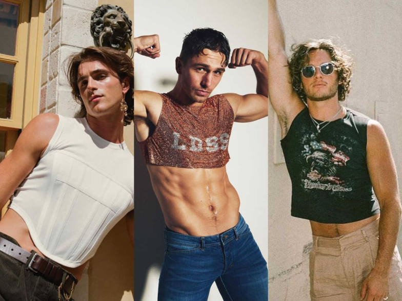 Three handsome men wearing crop top shirts