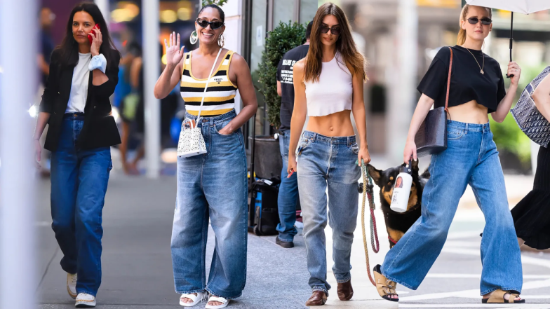 4 different women wearing fashionable baggy denim jeans