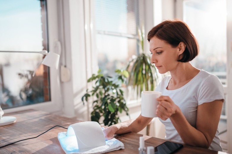 Woman sitting at the desk by the window drinking coffee while drying nails with UV led lamp