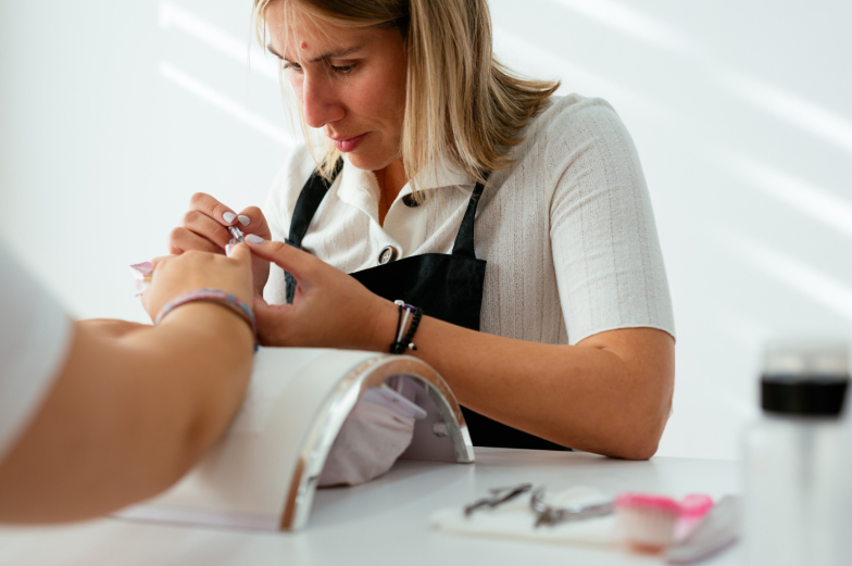 Female manicurist using brush while applying acrylic nail powder on tips of anonymous client in daylight in beauty salon