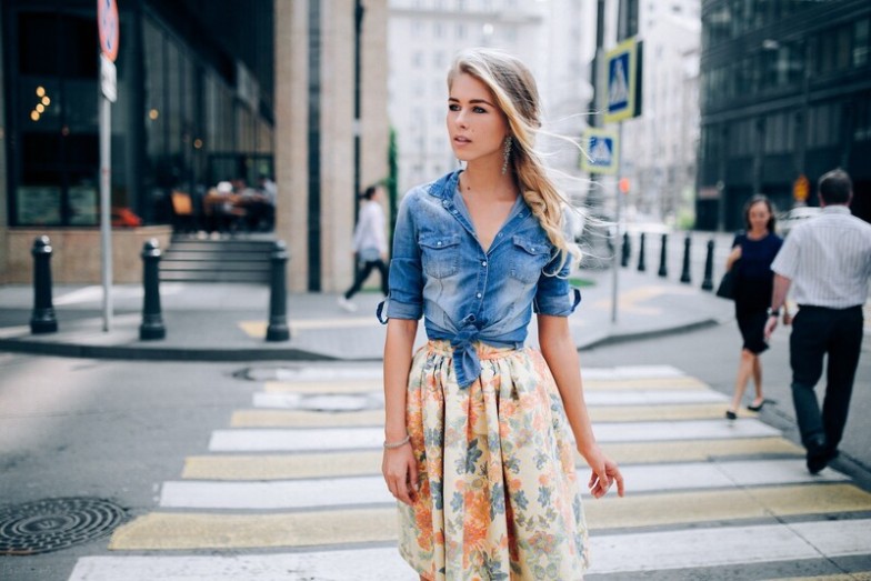 autumn Denim Jacket over a Floral Dress